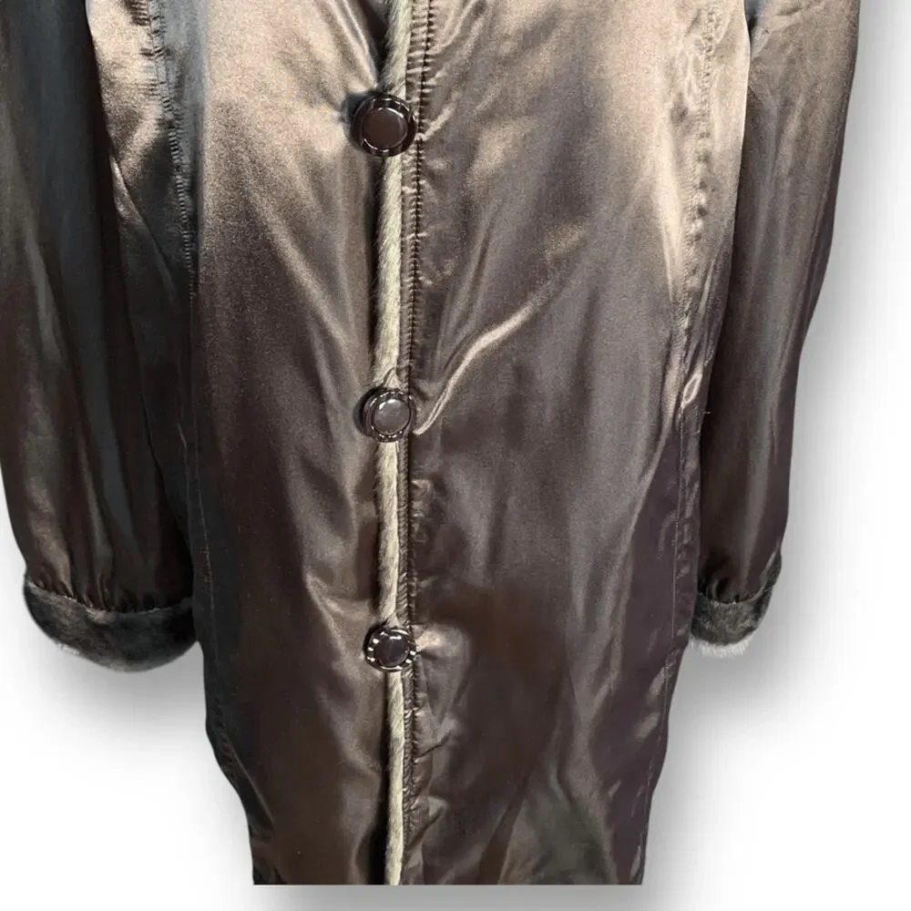 Vintage Reversible Brown Faux Fur Coat Satin Lining‎ Button Front Large Winter